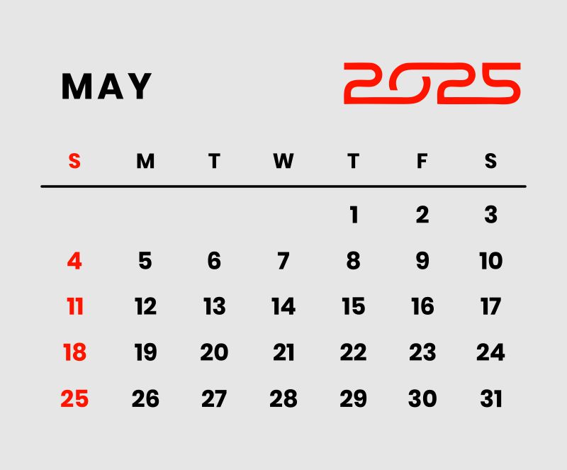 New Year May Month Calendar 2025 Vector SVG PNG