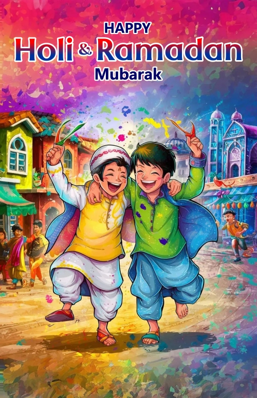 Painting carton muslim boy and non muslim boy celebration holi  and ramadan festival
