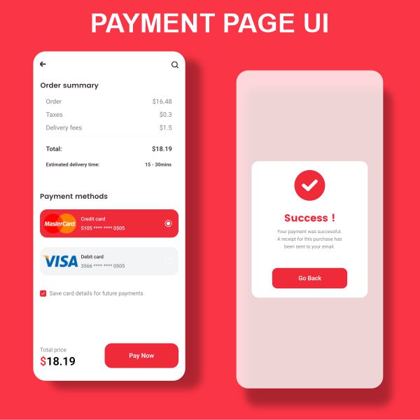 Payment Page With Payment Sucess Page Red Theme Ui design For Free With cdr File Download Now