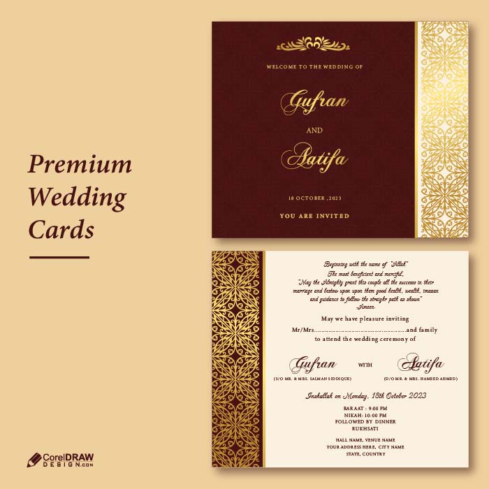 Premium elegant  golden Islamic wedding invitation card vector
