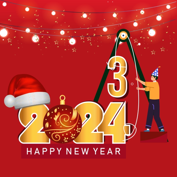 Premium Happy New Year 2024 Hanging Red Background Vector Cdr FIle For Free