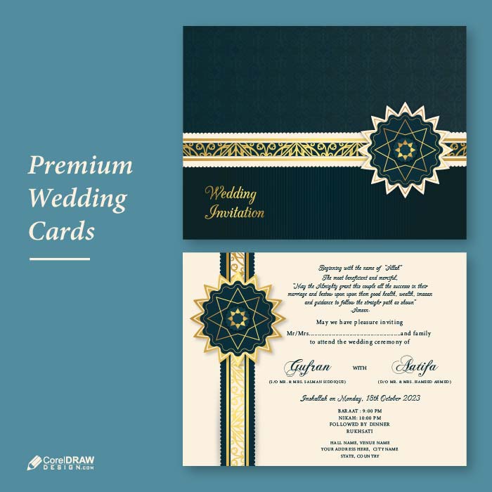 Download Premium Muslim Golden Islamic Wedding Invitation Card Vector Coreldraw Design
