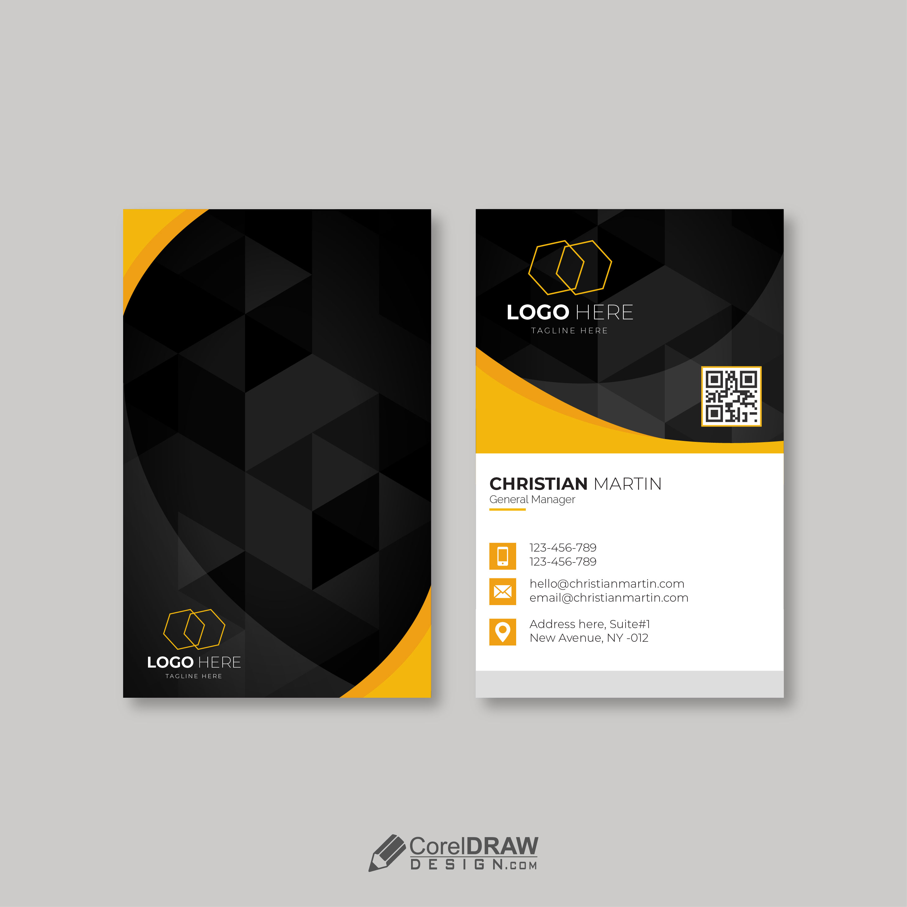 Professional Creative Yellow Vertical Business Card Vector Template