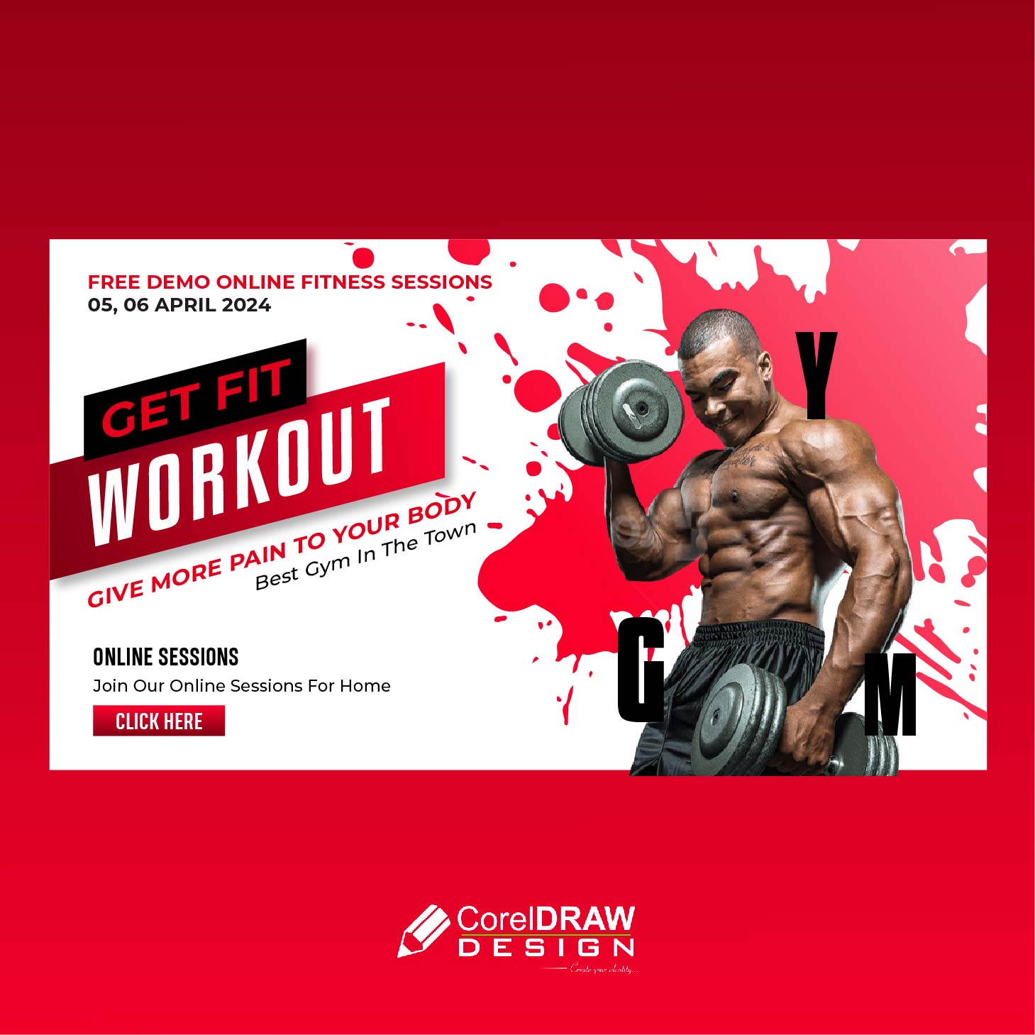 Professional online fitness sessions color splash red banner vector free