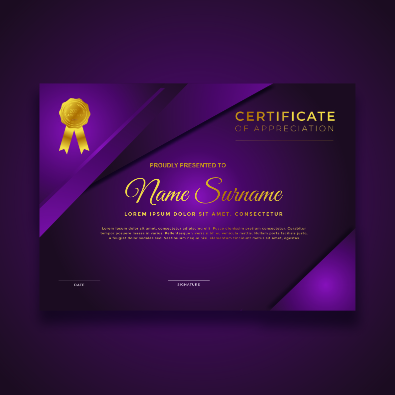 Professional Purpel Certificate Template With Badge Premium Vector cdr