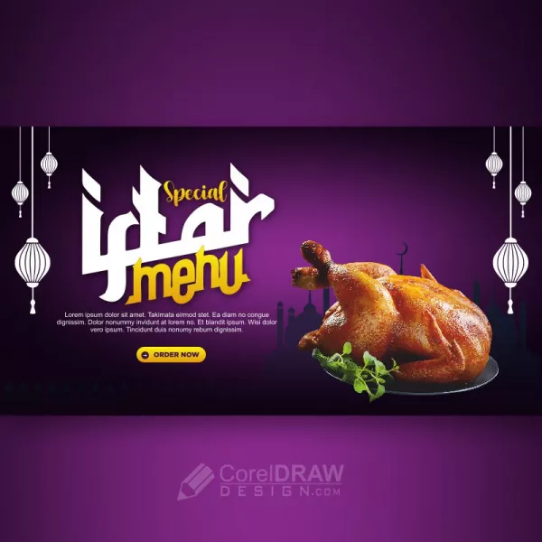 Ramadan Food Iftar Menu Banner template Vector Design cdr purple Background