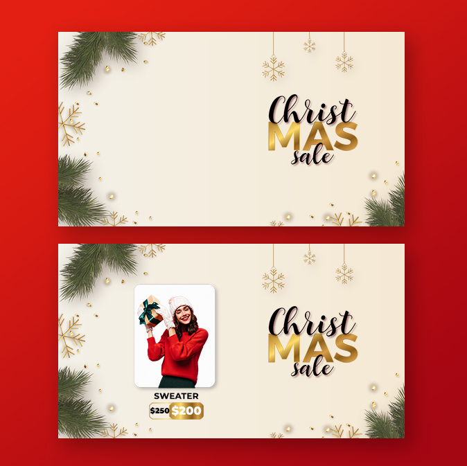 Realistic christmas sale banner with white and gold decoration Free Psd