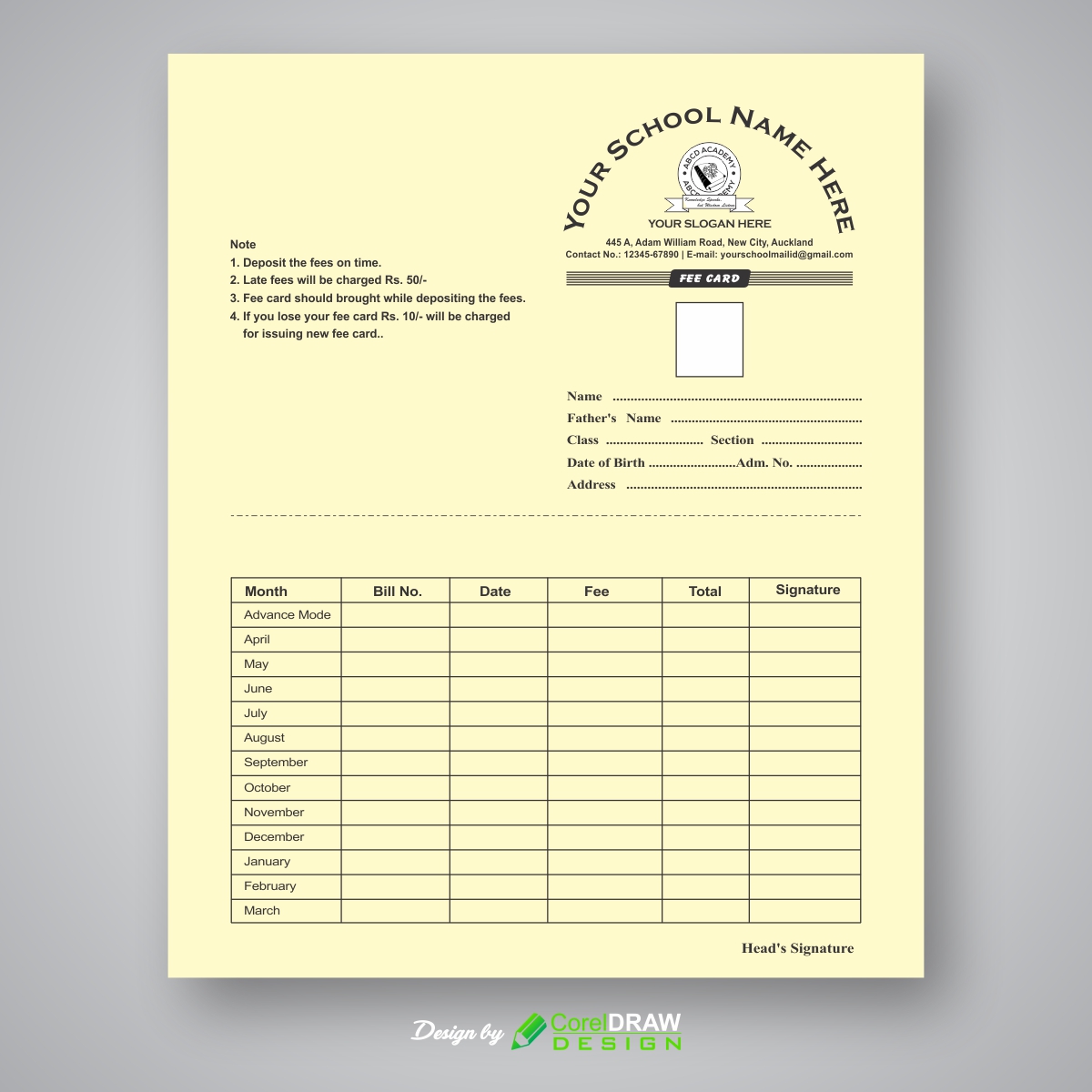 Download School Fee Card Template CorelDraw Design Download Free CDR 