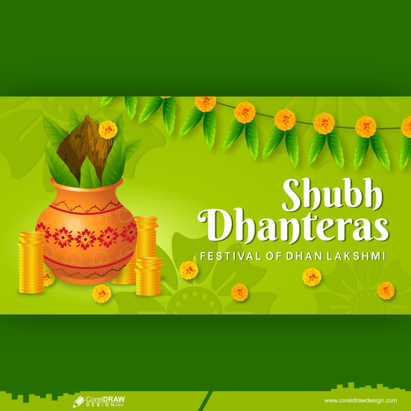 Shubh Dhanteras Diwali Festival Celebration Banner Indian Pots For Pooja With Coins And Diya Floral Garland Vector