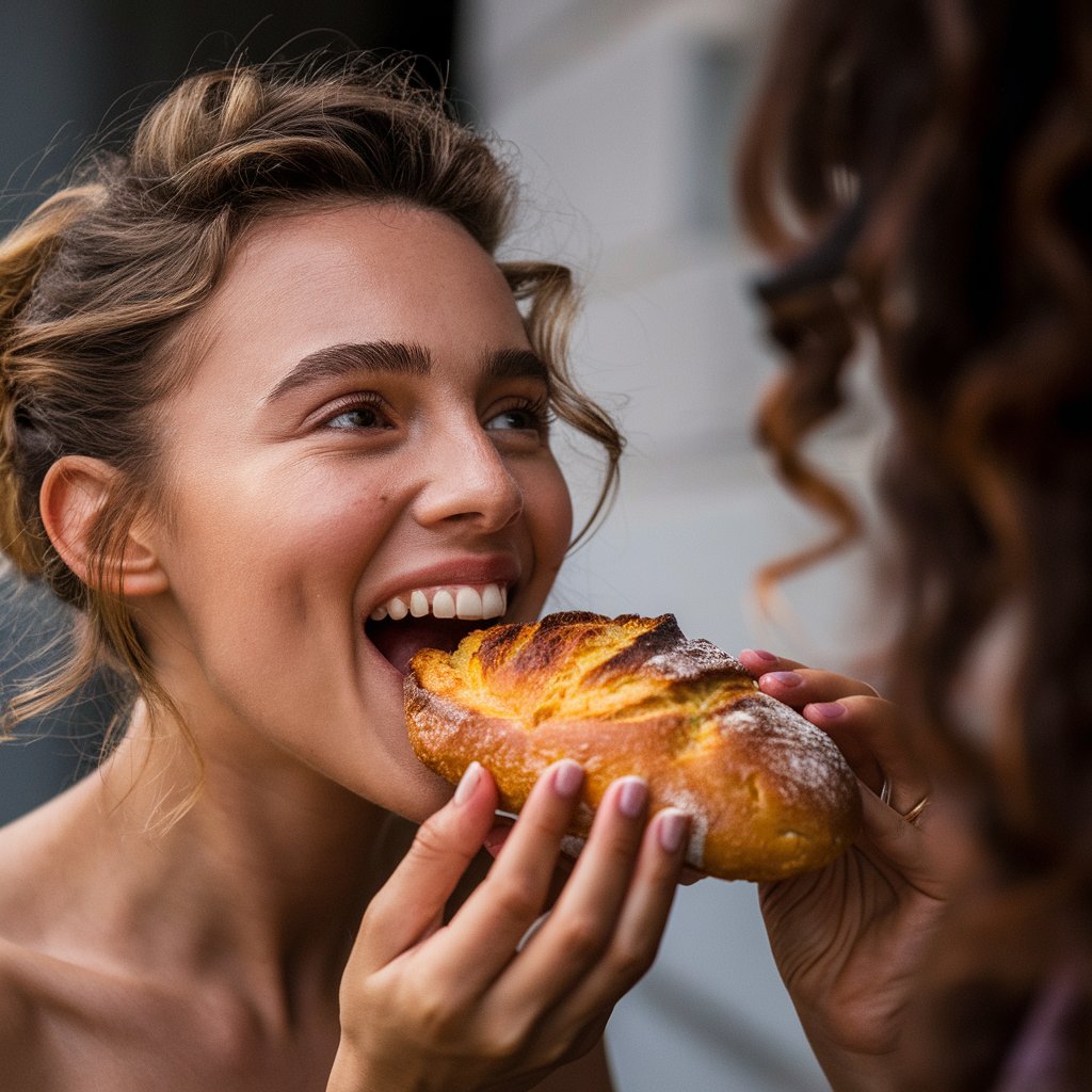 Side view of women eating bread stock image hd