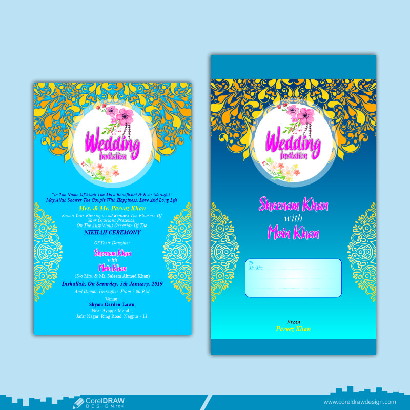 Sky Blue Wedding Card Vector Free Design