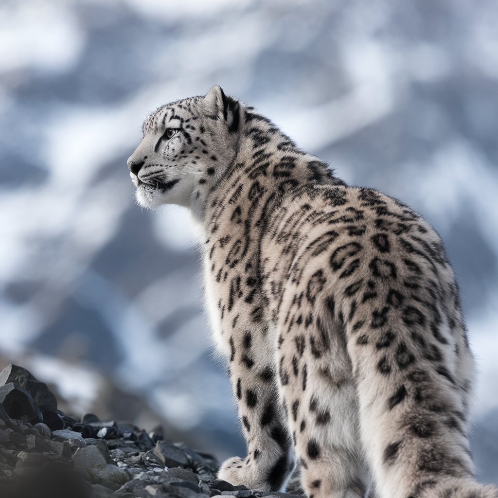 Snow leopard standing on the peak 4k stock image