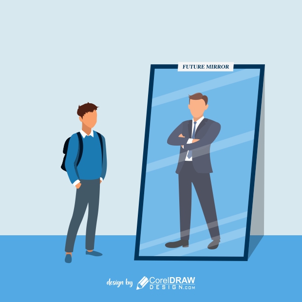 Student sees his reflection in the mirror as become successful, Future Mirror, Vector illustration, Free CDR