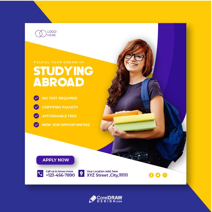 Study abroad flyer social media post or admission banner template design