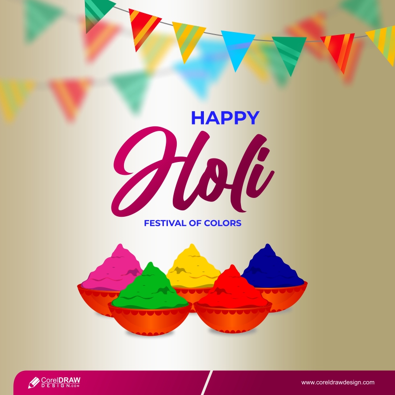 Traditional Colorful Gulaal Powder Color Indian Festival For Happy Holi Card With Gold Patterned Color Free Vector
