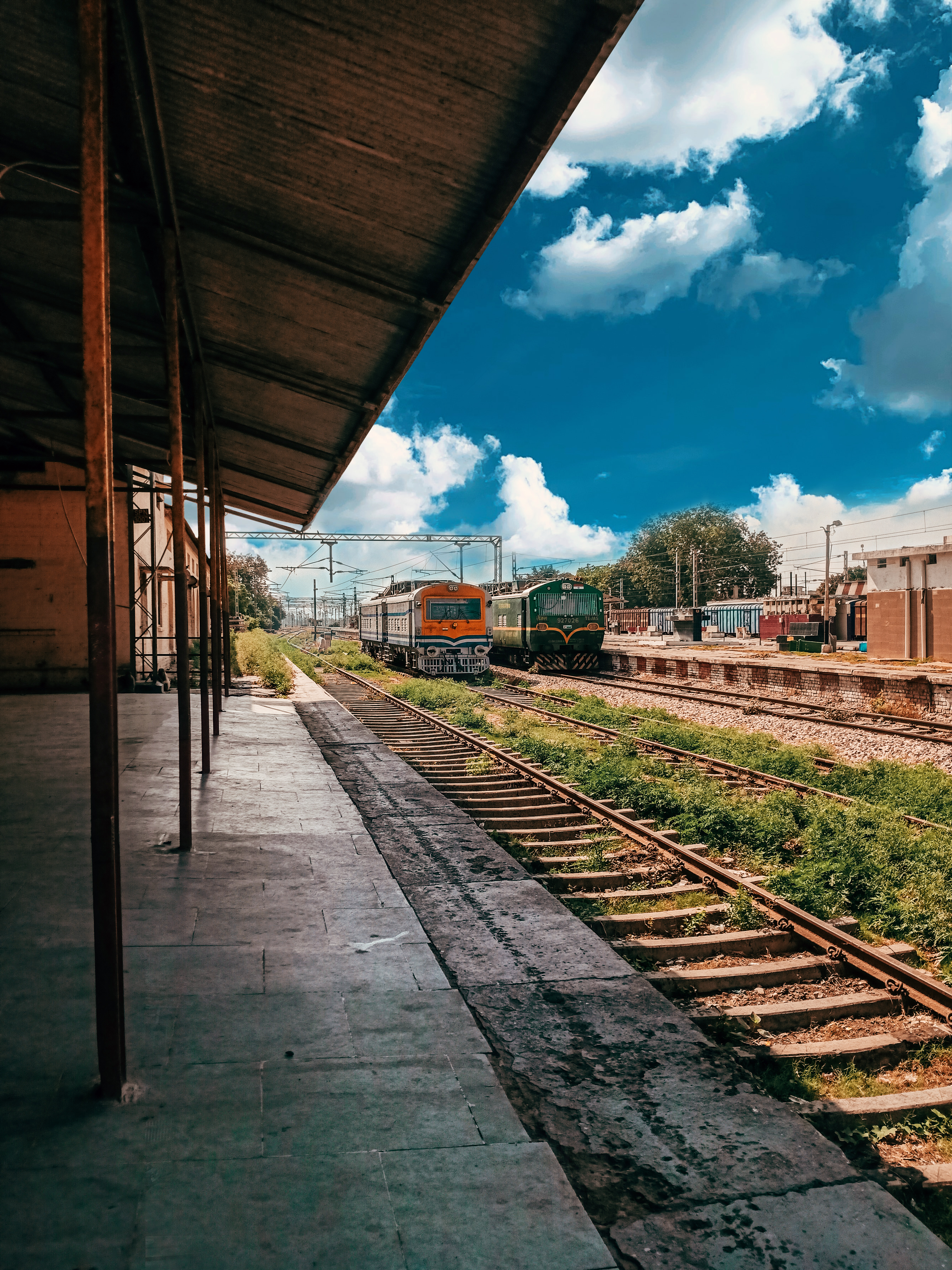 Train Platform Station locomotives Clouds 4K Image