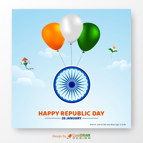 Tricolor Balloons Lift Ashok Chakra in the Sky, Republic Day Background, Free Vector
