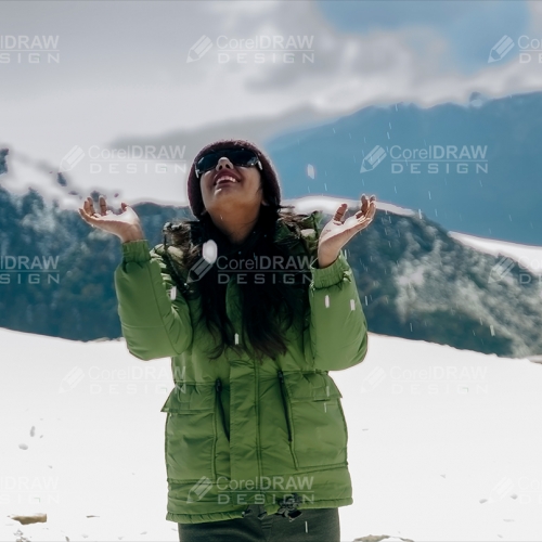 Girl Playing with Snow in Mountain