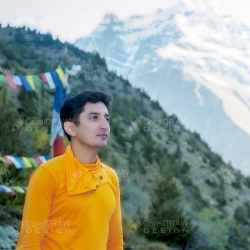 A Young Man in Yellow T-shirt Looking Mountains