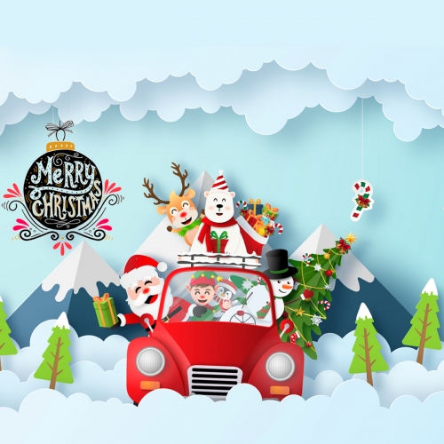 Santa, reindeer, beer, snowman and a boy carrying Christmas tree & Gifts in car flat design free psd