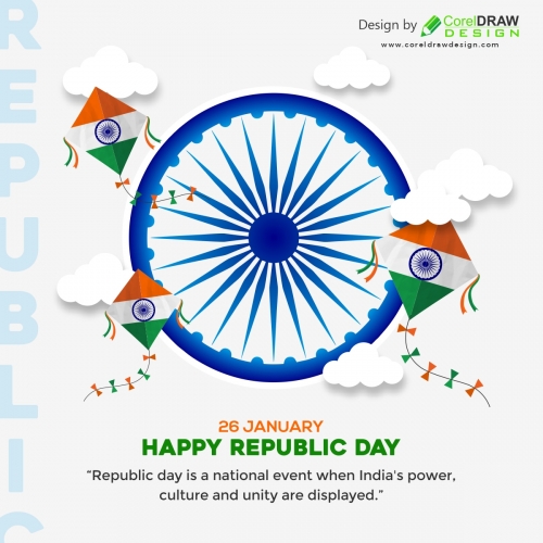Indian Republic Day with Ashoka Chakra and Flying Kites in the Sky Background Free Vector
