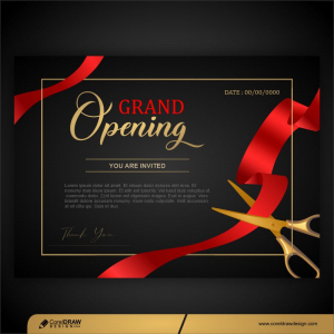 Premium Vector  Grand opening ceremony invitation card closed with red bow  ribbon and golden scissors