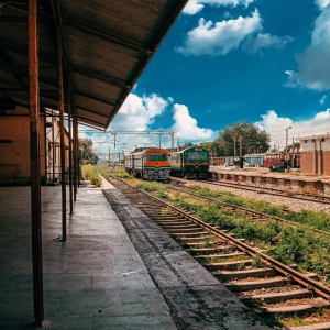 Train Platform Station locomotives Clouds 4K Image