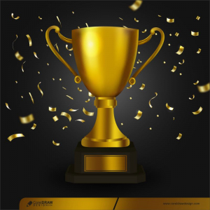 Golden Trophy Surrounded By Falling Confetti Isolated On Dark Background Premium Vector