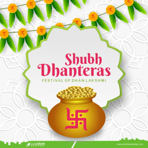 Shubh Dhanteras Celebration Indian Pots For Pooja With Coins And Diya Floral Garland Vector