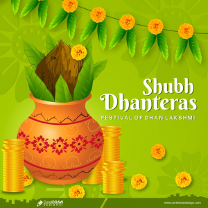 Shubh Dhanteras Diwali Festival Celebration Indian Pots For Pooja With Coins And Diya Floral Garland Vector