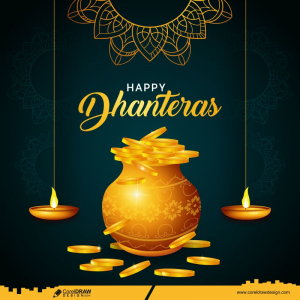 Happy Dhanteras Festival Card With Diya And Gold Coin Pot Free Vector