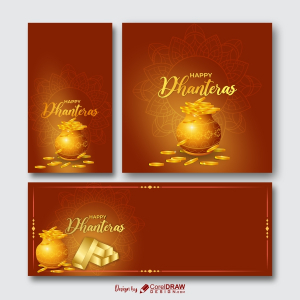 Happy Dhanteras festival web banner collection, instagram post, story realistic, Free CDR templates by CorelDrawDesign