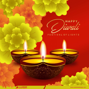 Happy Diwali Diya Oil Lamp And Flowers Red Background