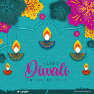 Diwali Festival Paper Cut Style Of Indian Rangoli Diya Oil Lamp Flowers Background