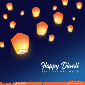 Traditional Happy Diwali Orange Paper Lanterns Floating At Night In Starry Sky Vector