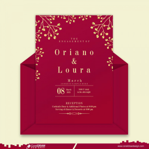Crimson Gold Elegant Wedding Card & Envelope Free Vector