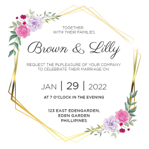 Wedding invitation card with golden frames & watercolor flowers Free Psd