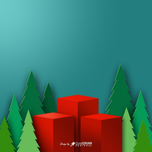 Merry Christmas and Happy new year concept.Red podium decorated with Christmas tree on blue background. Paper art vector illustration, Free CDR
