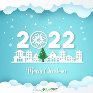 Happy new year 2022 and Merry Christmas paper art vector image, Free CDR
