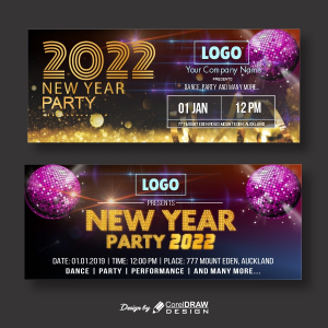 Shiny New Year Party Banner with Golden Sparkle & Disco Ball images, 2022 Happy New Year background, Free CDR