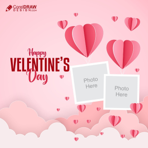 Valentines day background paper style, flying couple photo frame, free cdr