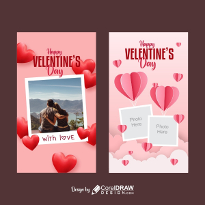 Valentines day Instagram Story set with 3D hearts and couple photo frames, free cdr