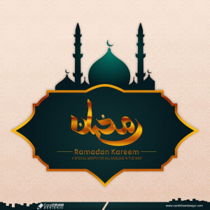 Ramadan Mubarak Greeting Card With Mosque On Dark Green Background Premium Vector
