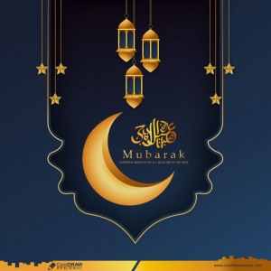 Eid Mubarak Festival Beautiful Lantern Hanging With Golden Chand Greeting Card Dark Background