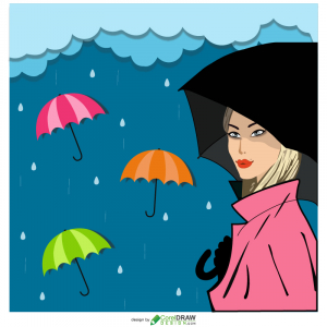 Beautiful Girl with Black Umbrella Illustration Free Vector