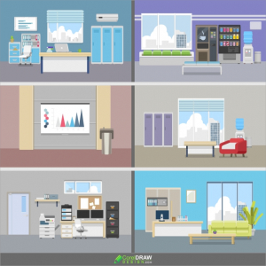 Office workplace, with laptop and desktop scene, conference room, flat vector, Free CDR
