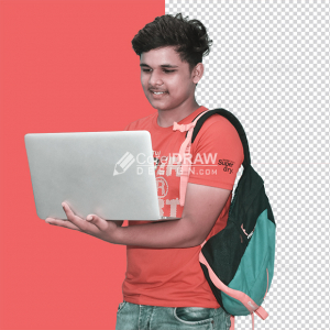 Indian Student standing and using Laptop on transparent background, college student free stock image
