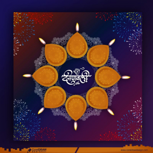 Happy Diwali Traditional Diya & Decoration Mandala with Burning Lamps and Fireworks Vector