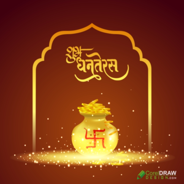 Shubh Dhanteras Background banner design with illustration of golden pot (kalash) and coin, Free Diwali and Dhanteras CDR templates on coreldrawdesign