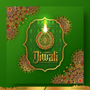 Happy Diwali Mandala Art Realistic Golden Diya Green Color Background Premium CDR